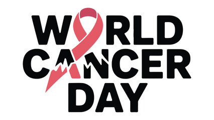 World Cancer Day Awareness: Commemorating World Cancer Day, a symbolic pink ribbon is intertwined with bold text, conveying a message of solidarity, hope, and commitment to the fight against cancer.