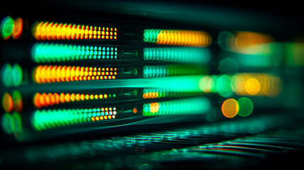 Server rack lights glowing in a data center environment representing cloud computing and digital infrastructure.
