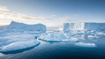 Icebergs floating in deep blue ocean water under a pale sky image