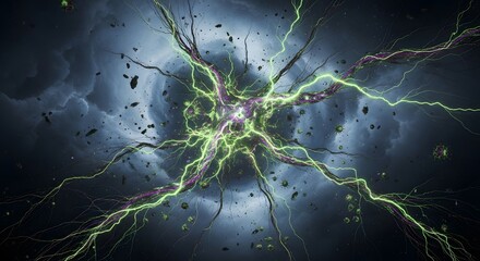 A vibrant glowing green and purple neuron cell extending long axons and dendrites into a dark stormy cosmic background with floating microscopic debris representing brain activity