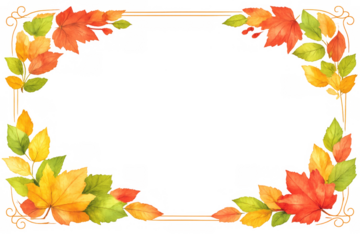 Autumn leaves watercolor border framing copy space, fall foliage wreath design element, transparent background season decoration