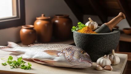 A spotted fish rests on a cutting board with garlic turmeric  mortar near clay pots