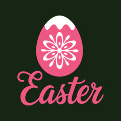 Pink Easter egg with white floral and cursive Easter text on dark green background white floral cursive text