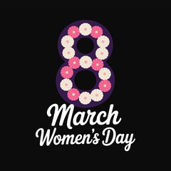 Purple number eight made of pink and white flowers on black background with March Women's Day text international women's day