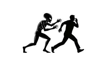 Fototapeta premium Chase Scene Illustration Showing Alien Creature Pursuing Man in Urban Environment Silhouette