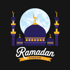 Ramadan Kareem mosque with moon islamic purple vector illustration isolated on a black background.