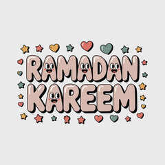 Ramadan Kareem text with cute cartoon faces and colorful hearts stars islamic greeting muslim holiday