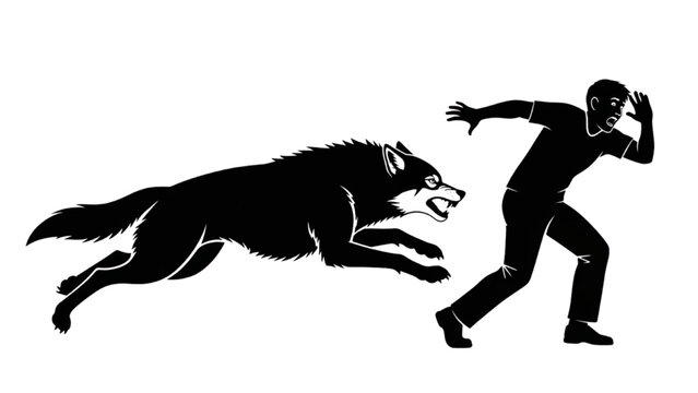 Wolf Attack Silhouette Man Running From Aggressive Predator Danger Scene