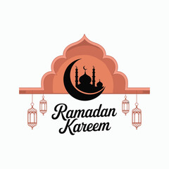 Ramadan Kareem greeting card with mosque silhouette and lanterns crescent moon islamic greeting
