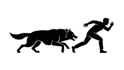 Obraz premium Chase Scene, Man Running from Dog, Silhouette Illustration, Action Concept, Black and White