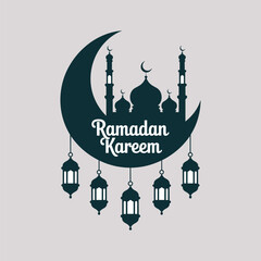 Ramadan Kareem with mosque silhouette and lanterns on crescent moon islamic