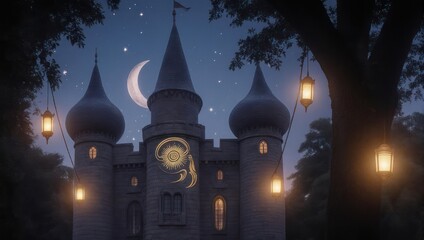 Fototapeta premium Enchanting Nighttime Castle Scene with Crescent Moon and Lanterns.