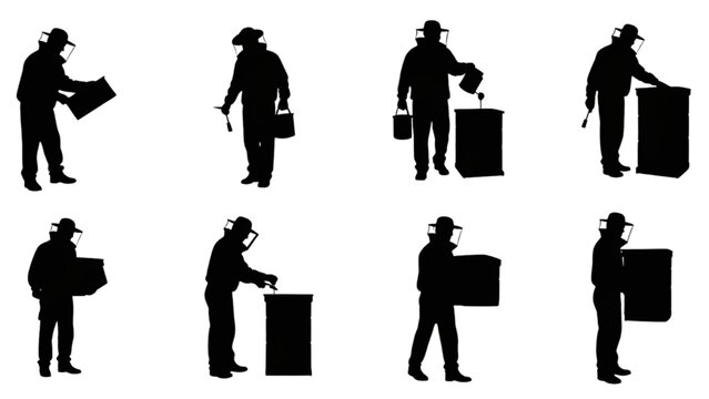 Beekeeper Working Silhouette Set Apiary Protective Poses