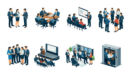 Isometric office settings with diverse business teams in various professional scenarios
