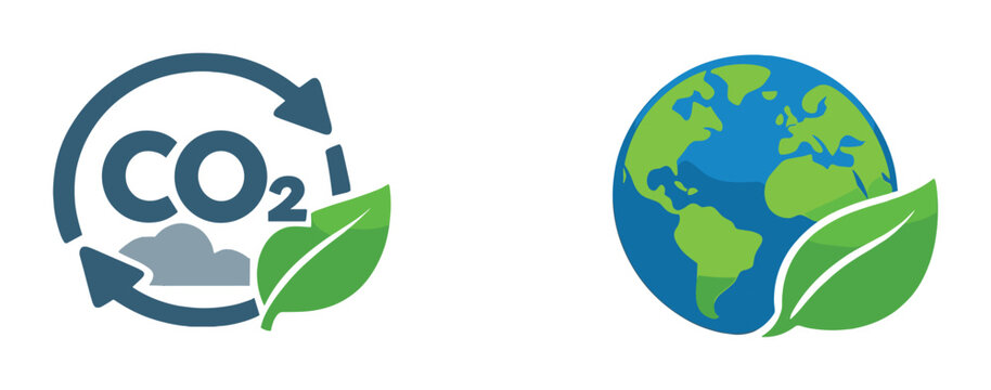Carbon emissions and global impact: illustrated symbols of co2 recycling and earth with eco-friendly leaf