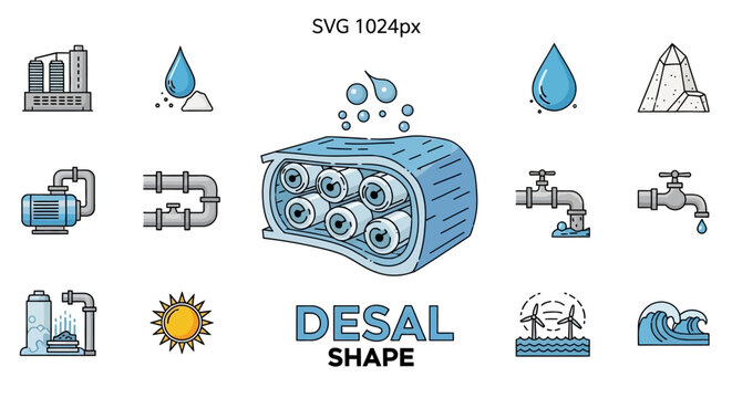 Desalination process components and icons for water purification design and clean energy concept