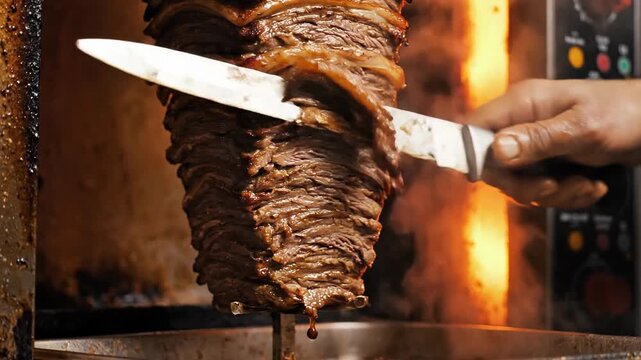 Cooking meat on a vertical rotisserie culinary preparation process