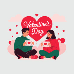 Valentine's Day couple holding love letters, hearts, romantic concept vector illustration isolated on a light grey background.