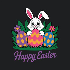 White Easter bunny holding pink egg surrounded by colorful eggs flowers and grass on black background with Happy Easter text