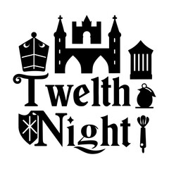 Vintage whimsical Twelfth Night theater poster featuring castle silhouettes ship icons and bold typography