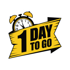 Yellow banner with black text reading 1 day to go and alarm clock countdown one day to go