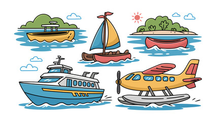 Transportation and Leisure: A colorful illustration showcasing an array of water and air vehicles, a diverse collection embodying adventure and exploration, perfect for themes of travel. © Hasib