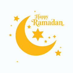 Yellow crescent moon and stars with Happy Ramadan text vector illustration isolated on a light grey background.