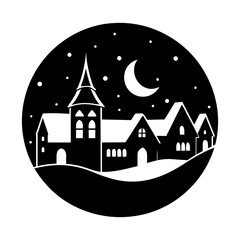 Minimalist Calm Night Village Silhouette Illustration for Cozy Winter Decor