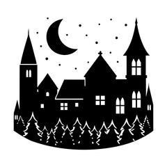 Minimalist Silhouette of a Moonlit Winter Village in a Serene Night Scene