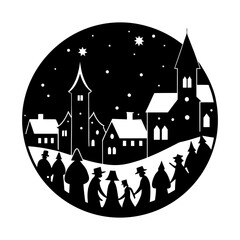 Minimalist cozy winter village silhouette in a starry night scene