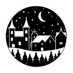 Minimalist calm night village silhouette round badge featuring stars and moon