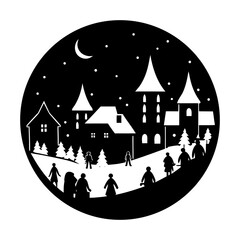 Minimalist Silhouette Winter Village at Night Cozy Festive Mood for Holiday Season