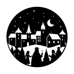 Minimalist Whimsical Night Village Silhouette in Circular Winter Scene Artwork