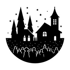 Minimalist Festive Winter Village Silhouette featuring church, trees, and crowd at night