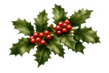 Holly sprig with red berries and green leaves symbolizing christmas, winter holidays, and festive season decoration