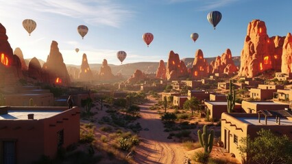 Obraz premium Desert landscape with hot air balloons above village