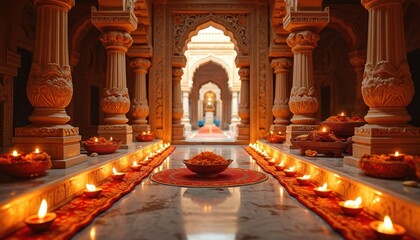 Ornate temple interior decorated with diyas and offerings. Rows of lit oil lamps illuminate a marble floor leading to an archway. Incense fills a sacred space for hindu worship and prayer.