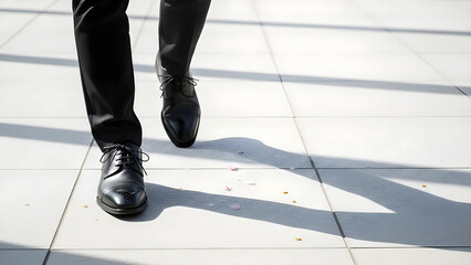 都会のタイルを歩く新社会人のビジネスシューズの足元。桜が舞う春の採用・就職イメージ背景素材。コピースペースあり。