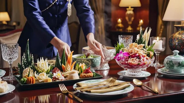 Elegant table setting with various dishes and ornate serving ware