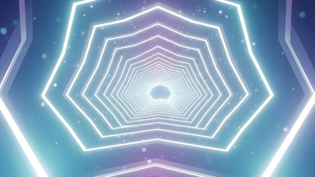 Abstract glowing neon polygonal tunnel background with shimmering particles creating bright futuristic cosmic journey