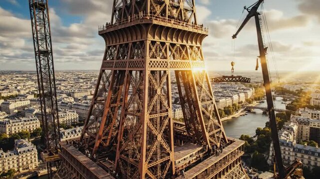 Eiffel Tower Construction and Paris Cityscape Aerial View.