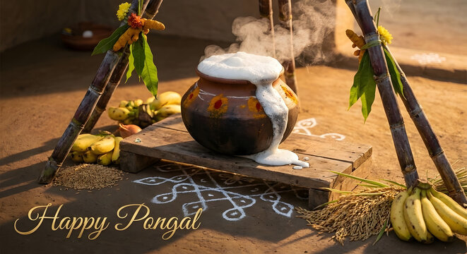 Happy pongal celebration with overflowing pot and sugar with natural and realistic background.