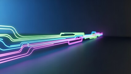 Neon light trails illustrating digital data flow in dark space