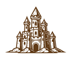Fototapeta premium Brown sand castle with multiple towers and battlements on sandy base isolated on white background