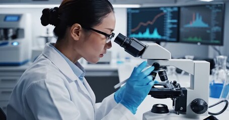 Scientist examining samples under a microscope in a modern laboratory with data analysis screens - Powered by Adobe