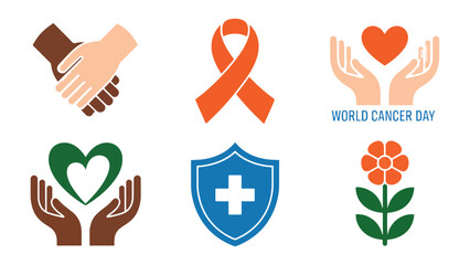 Supporting the Fight Against Cancer: A collection of symbolic elements, including hands clasped in support, ribbons of awareness, hearts representing care, and protective shields.