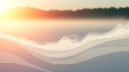 Abstract landscape with flowing wavy shapes under a warm hazy sunset and blurred distant forest