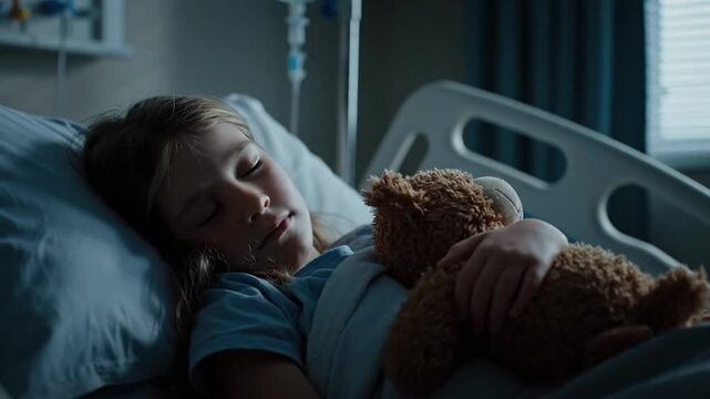 Young girl sleeping peacefully in hospital bed with teddy bear