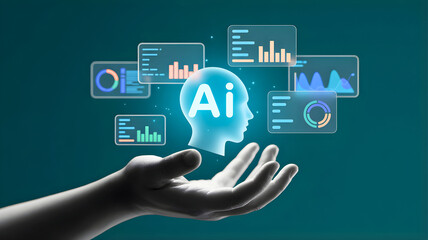 Digital concept of Artificial Intelligence A human hand holds a luminous AI head surrounded by various data charts, symbolizing technological advancement and future insights