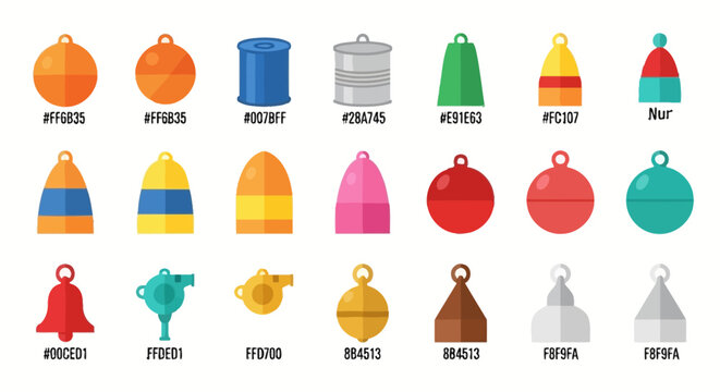 Diverse collection of colorful buoy and bell icons featuring various shapes and styles